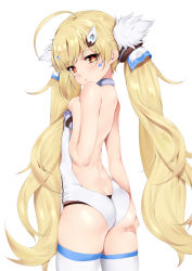 Rule 34 | 1girl, absurdres, ahoge, ass, azur lane, back, bad id, bad pixiv id, bare arms, blush, butt crack, cowboy shot, eldridge (azur lane), eyelashes, female focus, from side, hair ornament, head tilt, heart, heart tattoo, highres, kong lang (skywave), leotard, long hair, looking at viewer, looking back, simple background, skindentation, solo, standing, tattoo, thighhighs, twintails, very long hair, white background, white thighhighs