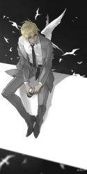 Rule 34 | 1boy, amuro tooru, bird, black background, black necktie, blonde hair, blue eyes, blurry, can, collared shirt, dark-skinned male, dark skin, depth of field, dress shirt, drink can, feathered wings, from above, grey jacket, grey pants, hariharitama, highres, holding, holding can, jacket, long sleeves, looking away, looking to the side, male focus, meitantei conan, necktie, off shoulder, pants, parted lips, shadow, shirt, shoes, short hair, sideways glance, single wing, sitting, soda can, solo, white shirt, white wings, wings