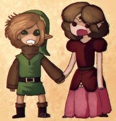 Rule 34 | 1boy, 1girl, brown hair, dress, drooling, elf, full body, hat, holding hands, link, nintendo, open mouth, pink dress, pointy ears, princess zelda, standing, the legend of zelda, the legend of zelda (nes), tiara, tunic