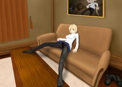 Rule 34 | :3, absurdres, arcueid brunestud, blonde hair, blue skirt, boots, breasts, carnival phantasm, cat tail, clothes lift, couch, feet, feet on table, foreshortening, highres, legs, long sleeves, looking at viewer, lying, matsuoka sagato, medium breasts, miniskirt, neco-arc, no lineart, on back, panties, pantyhose, perspective, picture frame, pillow, presenting, red eyes, red panties, room, shadow, short hair, sitting, skirt, skirt lift, smile, spread legs, sweater, table, tail, tsukihime, tsukihime (remake), underwear, unworn boots, white sweater, wooden table