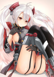 Rule 34 | 1girl, antenna hair, ass, azur lane, black panties, black thighhighs, breasts, closed mouth, commentary request, dress, garter straps, gloves, grey dress, grey footwear, grey gloves, head tilt, headgear, highres, hugging own legs, long hair, long sleeves, medium breasts, mole, mole on breast, multicolored hair, panties, prinz eugen (azur lane), red hair, ryara, shoes, sideboob, silver hair, sitting, smile, solo, streaked hair, thighhighs, thighs, two side up, underwear, very long hair, wide sleeves