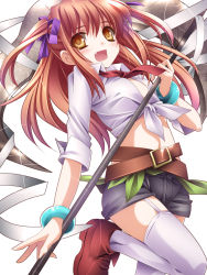 Rule 34 | 1girl, :d, bandages, belt, blush, bow, bracelet, brown hair, fang, front-tie top, garter straps, hair bow, highres, jewelry, long hair, midriff, monety, necktie, open mouth, scythe, shirt, shoes, short shorts, shorts, smile, solo, thighhighs, tied shirt, two side up, white thighhighs, yellow eyes