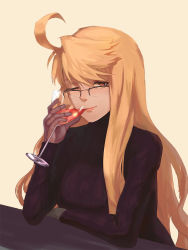 Rule 34 | 1girl, ahoge, alcohol, alma armas, black sweater, blonde hair, cocktail, cocktail glass, cup, dark-skinned female, dark skin, drink, drinking, drinking glass, glasses, long hair, looking at viewer, mechanical hands, quentin lecuiller, ribbed sweater, single mechanical hand, solo, sweater, va-11 hall-a, wine, wine glass