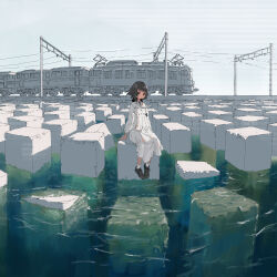 Rule 34 | 1girl, absurdres, airfish (lefko d), arms at sides, black eyes, black footwear, black hair, blue sky, blue theme, blunt bangs, camera, cityscape, collared dress, cube, dress, highres, long sleeves, looking at viewer, ocean, original, power lines, short hair, sitting, sitting on object, sky, socks, solo, television, traditional media, train, water, white dress, white socks, wide shot