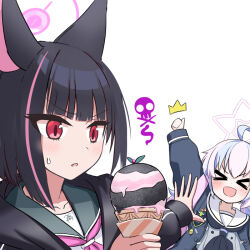 Rule 34 | &gt; &lt;, 2girls, :d, animal ears, arm up, backpack, bag, black coat, black hair, black sweater, blue archive, blunt bangs, cat ears, cat girl, coat, collarbone, colored inner hair, commentary request, extra ears, food, hair between eyes, halo, holding, holding food, holding ice cream, hood, hooded sweater, ice cream, ice cream cone, kazusa (blue archive), long hair, long sleeves, looking at another, low twintails, multicolored hair, multiple girls, o (rakkasei), open clothes, open coat, open mouth, purple hair, red eyes, reisa (blue archive), school uniform, serafuku, short hair, sidelocks, simple background, smile, streaked hair, sweatdrop, sweater, thumbs up, twintails, two-tone hair, white background, xd