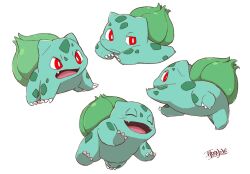 Rule 34 | :d, bright pupils, bulbasaur, claws, closed eyes, closed mouth, commentary request, creatures (company), fangs, game freak, gen 1 pokemon, hijirino yuuta, multiple views, nintendo, no humans, open mouth, pokemon, pokemon (creature), red eyes, simple background, smile, tongue, white background, white pupils