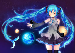 Rule 34 | 1girl, absurdres, akabuchi megane, aqua hair, bad id, bad pixiv id, detached sleeves, earth (planet), closed eyes, floating hair, hatsune miku, headset, highres, long hair, necktie, planet, skirt, solo, thighhighs, twintails, very long hair, vocaloid