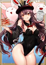 Rule 34 | 1girl, :q, animal ears, bare shoulders, black hat, black leotard, bow, bowtie, breasts, brown hair, closed mouth, covered navel, cowboy shot, detached collar, detached sleeves, fake animal ears, food, fork, genshin impact, ghost, gradient hair, hat, highleg, highleg leotard, highres, holding, houdukixx, hu tao (genshin impact), leotard, long hair, long sleeves, looking at viewer, multicolored hair, pancake, paper, playboy bunny, rabbit ears, red eyes, small breasts, smile, solo, star-shaped pupils, star (symbol), strapless, strapless leotard, symbol-shaped pupils, thighs, tongue, tongue out, top hat, twintails, very long hair, wide sleeves