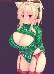 Rule 34 | 1girl, animal ear fluff, animal ears, arms behind back, blonde hair, blush, breasts, cat ears, cat girl, cleavage, closed mouth, commentary, cowboy shot, english commentary, green leotard, highleg, highleg leotard, highres, large breasts, leotard, long hair, long sleeves, looking at viewer, nottytiffy, original, patreon username, ponytail, purple background, red eyes, red garter belt, red garter straps, simple background, slit pupils, smile, solo, thighs, tiffy (nottytiffy)