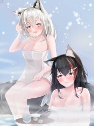 2girls absurdres adjusting_hair ahoge animal_ear_fluff animal_ears black_hair blush braid breasts cleavage commentary_request earrings fox_ears fox_girl fox_tail green_eyes hair_between_eyes hair_ornament hairclip highres hololive jewelry long_hair looking_at_viewer medium_breasts multicolored_hair multiple_girls naked_towel onsen ookami_mio open_mouth partially_submerged pentagram red_hair shirakami_fubuki sidelocks single_braid sitting smile st-147 streaked_hair tail towel virtual_youtuber wading wet white_hair wolf_ears wolf_girl yellow_eyes