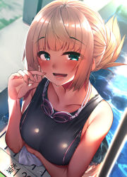 Rule 34 | 1girl, :d, aqua eyes, bad id, bad pixiv id, bare shoulders, blonde hair, blush, breasts, collarbone, day, folded ponytail, goggles, goggles around neck, highres, large breasts, long hair, looking at viewer, one-piece swimsuit, open mouth, original, outdoors, partially submerged, pool, rerrere, sidelocks, skindentation, smile, solo, swimsuit, wet
