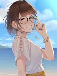 Rule 34 | 1girl, absurdres, bad id, bad pixiv id, beach, black-framed eyewear, blue eyes, blue sky, blurry, blurry background, blush, brown hair, cloud, earrings, glasses, hand up, highres, jewelry, looking at viewer, looking back, nail polish, necklace, ocean, original, outdoors, saitou (lynx-shrike), shirt, short hair, short sleeves, sky, smile, solo, water, white shirt