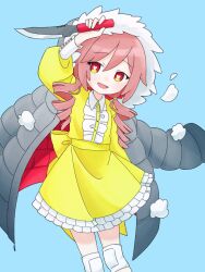 Rule 34 | 1girl, arm up, blue background, center frills, collared dress, down jacket, dress, drill hair, feet out of frame, frilled dress, frills, fur-trimmed hood, fur trim, hair over shoulder, heart, heart-shaped pupils, highres, holding, holding knife, hood, hood up, hooded jacket, jacket, jacket on shoulders, knee pads, knife, light blush, long hair, long sleeves, looking at viewer, open mouth, pink hair, puffy long sleeves, puffy sleeves, red eyes, reverse grip, seikimatsu hatsukoibanashi (utau), short dress, simple background, sleeve cuffs, smile, solo, symbol-shaped pupils, twin drills, waribasi (waribasi monaka)