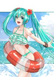 Rule 34 | 1girl, aqua hair, bikini, bracelet, cloud, commentary request, day, flower, green eyes, hair flower, hair ornament, hatsune miku, highres, innertube, jewelry, long hair, nail polish, number tattoo, open mouth, outdoors, partial commentary, sanada yuuki, sky, solo, striped bikini, striped clothes, swim ring, swimsuit, tattoo, twintails, very long hair, vocaloid, water