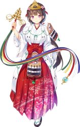 Rule 34 | 1girl, artist request, bell, breasts, brown hair, flower, full body, hair flower, hair ornament, hakama, hakama skirt, holding, holding bell, japanese clothes, large breasts, long hair, miko, official art, oshiro project:re, purple eyes, red hakama, sandals, skirt, smile, solo, tabi, tendou (oshiro project), transparent background, very long hair, zouri