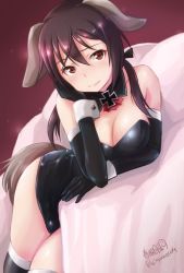 Rule 34 | 1girl, animal ears, artist name, black gloves, black leotard, black ribbon, black thighhighs, breasts, brown eyes, brown hair, cleavage, closed mouth, commentary request, cross, detached collar, dog ears, dog tail, elbow gloves, gertrud barkhorn, gloves, hair ribbon, haruhata mutsuki, head rest, iron cross, leotard, long hair, looking at viewer, lying, medium breasts, on stomach, pillow, ribbon, signature, skindentation, smile, solo, strapless, strapless leotard, strike witches, tail, thighhighs, twintails, twitter username, world witches series, wrist cuffs
