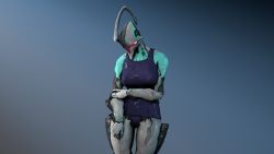 Rule 34 | 1girl, 3d, artist request, blush, bodysuit, female focus, gradient background, highres, humanoid robot, nyx (warframe), robot, simple background, solo, swimsuit, warframe