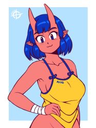 Rule 34 | 1girl, 2020, :3, blue eyes, blue hair, blush, breasts, cinna (taggo), cleavage, closed mouth, collarbone, colored skin, eyebrows, hand on own hip, highres, horns, large breasts, looking at viewer, oni, oni horns, original, pointy ears, red skin, smile, solo, taggo, upper body