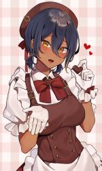 Rule 34 | 1girl, agamemega, beret, blue hair, blush, bow, breasts, candy, check translation, chocolate, chocolate heart, collared shirt, commentary, dark-skinned female, dark blue hair, dark skin, food, frilled wrist cuffs, frills, gloves, grid background, hair between eyes, hat, heart, highres, holding, looking at viewer, multicolored hair, open mouth, original, red beret, red bow, shirt, short hair, streaked hair, tongue, translation request, wrist cuffs, yellow eyes