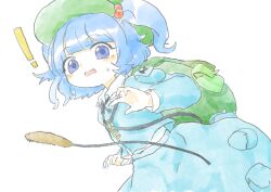 Rule 34 | !, 1girl, backpack, bag, blue eyes, blue hair, blue shirt, blue skirt, blunt bangs, cattail, commentary request, flat chest, frilled shirt collar, frills, hair bobbles, hair ornament, hat, highres, kawashiro nitori, key, open mouth, plant, sanunu36, shirt, short hair, simple background, skirt, skirt pocket, skirt set, solo, sweat, touhou, two side up, white background
