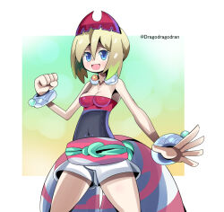 Rule 34 | 1girl, armpits, blonde hair, blue eyes, bracelet, breasts, cleavage, clenched hand, covered navel, creatures (company), dragodragodran, eyelashes, game freak, hair between eyes, hat, irida (pokemon), jewelry, looking at viewer, medium hair, neck ring, nintendo, pokemon, pokemon legends: arceus, red hat, sash, shirt, shoes, shorts, sleeveless, sleeveless shirt, solo, standing, tight clothes, white shorts