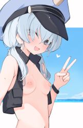 Rule 34 | 1girl, :d, blue archive, blue hair, blue hat, blush, breasts, hair over eyes, hat, highres, long hair, looking at viewer, mikozin, nipples, open mouth, purple eyes, small breasts, smile, solo, twintails, v, valkyrie police academy student