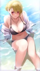 Rule 34 | 1girl, absurdres, bikini, black bikini, blonde hair, blush, breasts, closed mouth, collarbone, day, earrings, frown, hair over one eye, highres, jacket, jewelry, large breasts, looking away, navel, necklace, ocean, off shoulder, original, outdoors, partially submerged, ponytail, purple eyes, sitting, solo, sunlight, swimsuit, takagi mitsukuni, water, wet