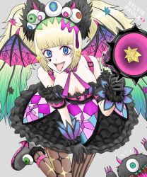 Rule 34 | 1girl, absurdres, animal ears, bare shoulders, bat wings, belt, black dress, black gloves, blonde hair, blue eyes, breasts, character name, cleavage, cyclops, dress, eyeball hair ornament, gloves, grey background, harukai-i, heart, heart print, highres, large breasts, megaphone, multicolored hair, one-eyed, simple background, sylvie paula paula, the king of fighters, tongue, tongue out, wings