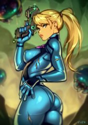 Rule 34 | 1girl, alien, arm up, artist name, ass, bad id, bad twitter id, blue eyes, blurry, bodysuit, breasts, commentary, covered erect nipples, cowboy shot, depth of field, english commentary, finger on trigger, from side, gun, hand on own hip, handgun, lips, long hair, looking at viewer, medium breasts, metroid, metroid (creature), nintendo, optionaltypo, parted lips, pistol, ponytail, samus aran, solo, sweat, weapon, zero suit