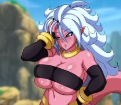 Rule 34 | 1girl, android 21, bracelet, breasts, colored skin, darwaarts, detached sleeves, dragon ball, dragon ball fighterz, earrings, female focus, grey eyes, highres, huge breasts, jewelry, long hair, majin android 21, nail polish, navel, pink skin, pointy ears, skindentation, solo, strapless, sweat, tail, tube top, underboob, upper body, white hair