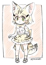 Rule 34 | 1girl, :&lt;, animal ear fluff, animal ears, bare shoulders, blonde hair, blush, bow, bowtie, cat ears, cat tail, commentary request, elbow gloves, extra ears, full body, gloves, green eyes, high-waist skirt, highres, kemono friends, looking at viewer, panzuban, paw pose, print bow, print bowtie, print gloves, print neckwear, print skirt, print socks, sand cat (kemono friends), sand cat print, shirt, short hair, skirt, sleeveless, sleeveless shirt, socks, solo, tail, white shirt