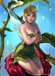 Rule 34 | 1girl, absurdres, aleksandra jedrasik, backless dress, backless outfit, blonde hair, blue eyes, breasts, cleavage, crossed arms, disney, dress, fairy, fairy wings, flower, green dress, hair bun, highres, looking to the side, medium breasts, mini person, minigirl, parted lips, peter pan (disney), rose, seiza, short dress, single hair bun, sitting, solo, strapless, strapless dress, thorns, tinker bell (disney), watermark, web address, wings