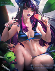 Rule 34 | &gt; &lt;, 10s, 1girl, bare shoulders, bikini, blue eyes, blue hair, blue sky, blunt bangs, blush, bow, bracelet, breasts, candy, chuck (psg), closed eyes, colored inner hair, eating, eyelashes, female focus, flower, food, front-tie bikini top, front-tie top, hair bow, hime cut, ice cream, jewelry, large breasts, lipstick, lollipop, long hair, looking at viewer, makeup, mascara, matching hair/eyes, mouth hold, multicolored hair, nail polish, navel, open mouth, palm tree, panty &amp; stocking with garterbelt, popsicle, purple hair, purple nails, realistic, ruffling hair, sakimichan, sitting, sky, solo, stocking (psg), stomach, striped bikini, striped clothes, swimsuit, tree, two-tone hair, underboob, watermark, watermelon bar, web address, wrist cuffs