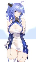 Rule 34 | 1girl, absurdres, ahoge, argyle, argyle clothes, argyle cutout, arm behind back, azur lane, bare shoulders, blue hair, blush, breasts, buttons, cleavage, closed mouth, clothing cutout, dress, elbow gloves, garter straps, gloves, hair between eyes, hair ornament, highres, hoerutarou, large breasts, licking lips, long hair, looking at viewer, purple eyes, sideboob, sidelocks, smile, solo, st. louis (azur lane), taut clothes, taut dress, thighhighs, thighs, tongue, tongue out, white gloves, white thighhighs