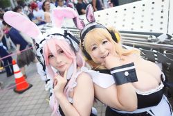 Rule 34 | 2girls, asian, blonde hair, breasts, brown eyes, cleavage, cosplay, fat, headphones, hoshima mika, huge breasts, jewelry, multiple girls, necklace, nitroplus, photo (medium), pink hair, star (symbol), super pochaco, super pochaco (cosplay), super sonico, super sonico (cosplay), suzumar36, twintails
