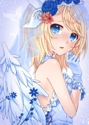 Rule 34 | 1girl, alternate costume, bare shoulders, blonde hair, blue eyes, blue gloves, blue rose, choker, crying, crying with eyes open, feathered wings, flower, frills, gloves, hair flower, hair ornament, kagamine rin, looking at viewer, rose, short hair, solo, tears, vocaloid, wings, yayoi (egoistic realism)