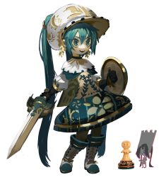 Rule 34 | 1girl, aqua eyes, aqua footwear, aqua hair, black gloves, black hair, blush, boots, capelet, chess piece, commentary, dress, english commentary, floral print, gloves, gold trim, grin, hair between eyes, hat, hatsune miku, highres, holding, holding shield, holding sword, holding weapon, long hair, multicolored clothes, multicolored eyes, multicolored footwear, multicolored headwear, pawn (chess), photo inset, puffy sleeves, reference inset, shield, sidelocks, simple background, smile, sword, teeth, topdylan, triangle mouth, twintails, upper teeth only, very long hair, vocaloid, weapon, white background, white eyes, white footwear, white headwear, yellow eyes, yellow headwear