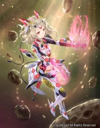 Rule 34 | 1girl, armor, armored boots, blonde hair, boots, cardfight!! vanguard, company name, gloves, hair ornament, lady healer of the torn world, midriff, navel, official art, red eyes, rock, solo, sparkle, tadokoro teppei