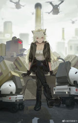 Rule 34 | animal ears, arknights, black gloves, black jacket, blurry, blurry background, boots, castle-3 (arknights), cross, cross-laced footwear, crossed legs, drone, gloves, grey hair, hair ornament, hairclip, highres, jacket, jewelry, jinrouguguzhi, lace-up boots, lancet-2 (arknights), lappland (arknights), necklace, red cross, ring, ring necklace, scar, scar across eye, scar on face, shirt, sleeves rolled up, smile, white shirt, yellow eyes