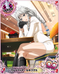 Rule 34 | 10s, 1girl, artist request, black gloves, braid, card (medium), character name, chess piece, gloves, grayfia lucifuge, grey eyes, high school dxd, high school dxd infinity, crossed legs, lipstick, maid headdress, makeup, official art, queen (chess), red lips, silver hair, solo, trading card, twin braids