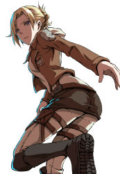 Rule 34 | 1girl, annie leonhart, black footwear, blonde hair, blue eyes, boots, brown jacket, brown skirt, closed mouth, from behind, frown, hair intakes, jacket, knee boots, long sleeves, miniskirt, open clothes, open jacket, pants, pants under skirt, paradis military uniform, pencil skirt, shingeki no kyojin, shirt, short hair, simple background, skirt, solo, standing, standing on one leg, thigh strap, three-dimensional maneuver gear, werkbau, white background, white pants, white shirt