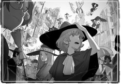 Rule 34 | 6+boys, 6+girls, blush, broom, broom riding, closed mouth, flower, glasses, greyscale, hat, holding, holding broom, holding umbrella, long hair, looking at viewer, looking away, monochrome, multiple boys, multiple girls, open mouth, original, outdoors, parted lips, pine (yellowpine112), short hair, smile, stairs, teeth, umbrella, witch hat