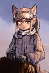 Rule 34 | 1girl, absurdres, ahoge, animal ears, brown eyes, brown hair, fox ears, fox girl, fox girl (yihan1949), fox tail, gloves, goggles, goggles on head, highres, military uniform, original, ponytail, smile, solo, steam from mouth, tail, uniform, yihan1949