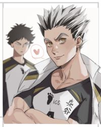 Rule 34 | 2boys, absurdres, akaashi keiji, black hair, black shirt, blurry, bokuto koutarou, border, closed mouth, clothes writing, collarbone, commentary, crossed arms, ctstudio (executional), depth of field, english commentary, grey background, grey hair, haikyuu!!, heart, highres, jacket, jacket on shoulders, lips, male focus, multicolored hair, multiple boys, paw print, pectoral cleavage, pectorals, shirt, short hair, short sleeves, smile, speech bubble, spiked hair, spoken heart, sportswear, two-tone hair, upper body, volleyball uniform, white jacket, yellow eyes, zipper