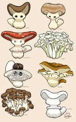 Rule 34 | artist name, button mushroom, check food, commentary request, enoki (mushroom), fly agaric, food focus, food request, highres, kanero tuntun, mushroom, no humans, original, oyster mushroom, shiitake, shimeji (mushroom), simple background, translation request, truffle, white background