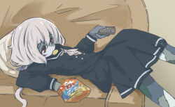 Rule 34 | 1girl, bag of chips, black dress, black sailor collar, black serafuku, bored, chips (food), colored skin, commentary request, controller, couch, dress, eating, food, food in mouth, hair between eyes, hair ornament, hair ribbon, highres, holding, holding remote control, k-go, konno junko, lazy, long hair, long sleeves, low twintails, lying, mouth hold, multicolored skin, neckerchief, on back, on couch, patchwork skin, pillow, potato chips, red eyes, remote control, ribbon, sailor collar, school uniform, serafuku, solo, twintails, white hair, white neckerchief, zombie, zombie land saga