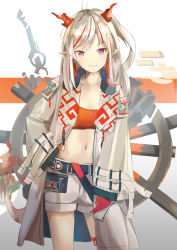 Rule 34 | 1girl, arknights, bandeau, belt, black belt, coat, collared coat, commentary request, contrapposto, cowboy shot, gloves, hand in pocket, high collar, highres, horns, koge nattou, long hair, long sleeves, looking at viewer, midriff, navel, nian (arknights), open clothes, open coat, orange bandeau, orange horns, pink gloves, pointy ears, purple eyes, shorts, sleeves past wrists, smile, solo, standing, teeth, white background, white coat, white shorts