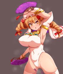 Rule 34 | 1girl, arm up, armlet, armpits, bow, bracelet, breasts, covered navel, drill hair, gem, grey background, hair bow, hand fan, hat, highleg, highres, jewelry, keffiyeh, large breasts, leotard, light brown hair, looking at viewer, medium hair, mob cap, necklace, orange eyes, orange hair, peso (cheese company), presenting armpit, purple sarong, pussy juice, ribbon, sarong, simple background, solo, steaming body, sweat, thighhighs, touhou, translation request, twin drills, twintails, white leotard, white thighhighs, yorigami jo&#039;on