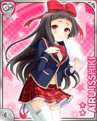Rule 34 | 1girl, ballet slippers, black hair, blue jacket, bow, character name, closed mouth, girlfriend (kari), hair bow, hand on chest, holding, isshiki airu, jacket, leggings, long hair, official art, paper, pink background, plaid, plaid skirt, qp:flapper, red bow, red eyes, red skirt, school uniform, shirt, skirt, smile, tagme, academic test, vest, white shirt, yellow vest