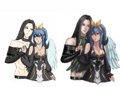 Rule 34 | 1boy, 1girl, black hair, blue hair, breasts, dizzy (guilty gear), dress, guilty gear, guilty gear 2, guilty gear xx, highres, holding hands, long hair, medium breasts, moontears, ponytail, red eyes, redrawn, simple background, smile, testament (guilty gear), white background, wings